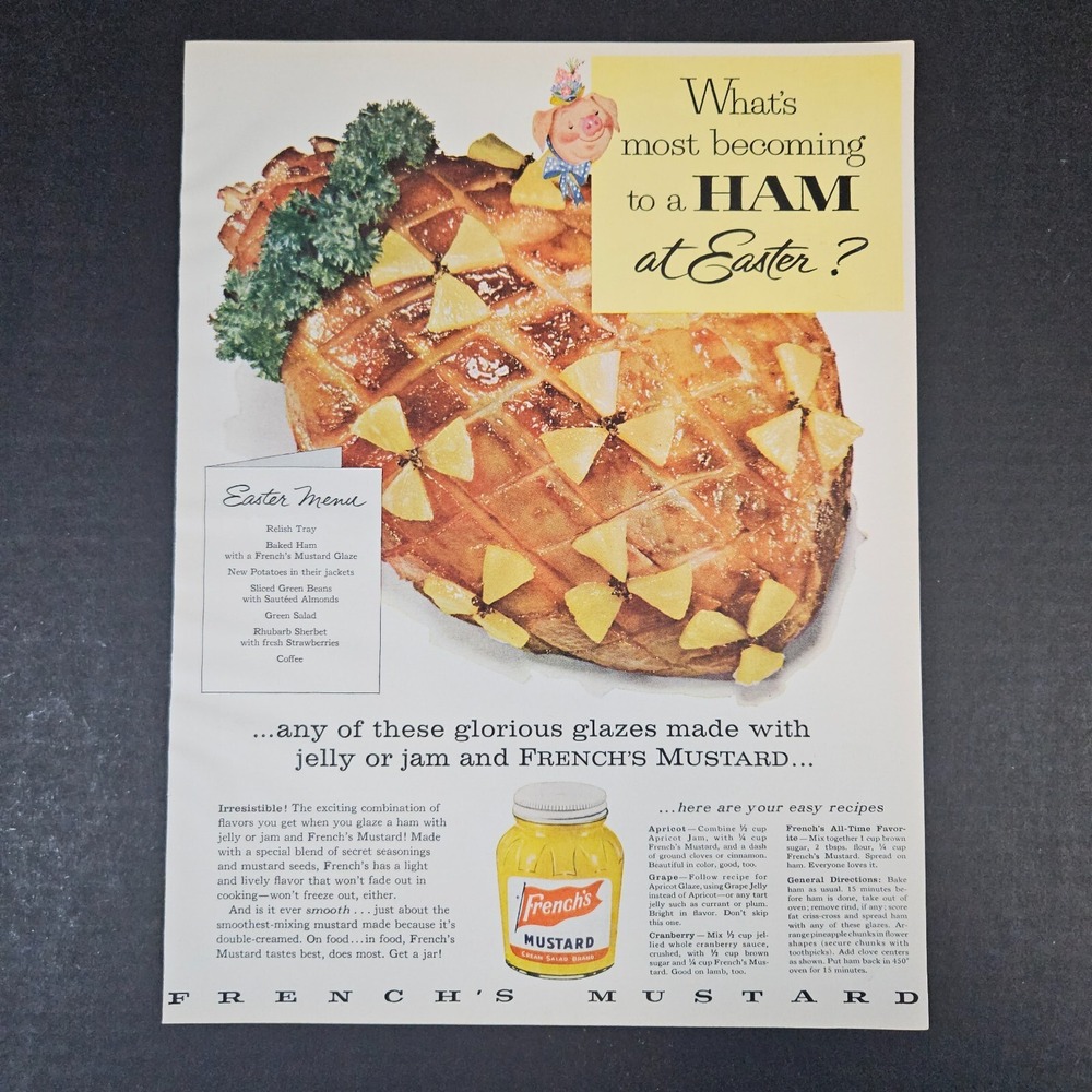 1957 French's Mustard Easter Ham‎ Recipe Ideas Menu Vintage Print Ad Glass Jar